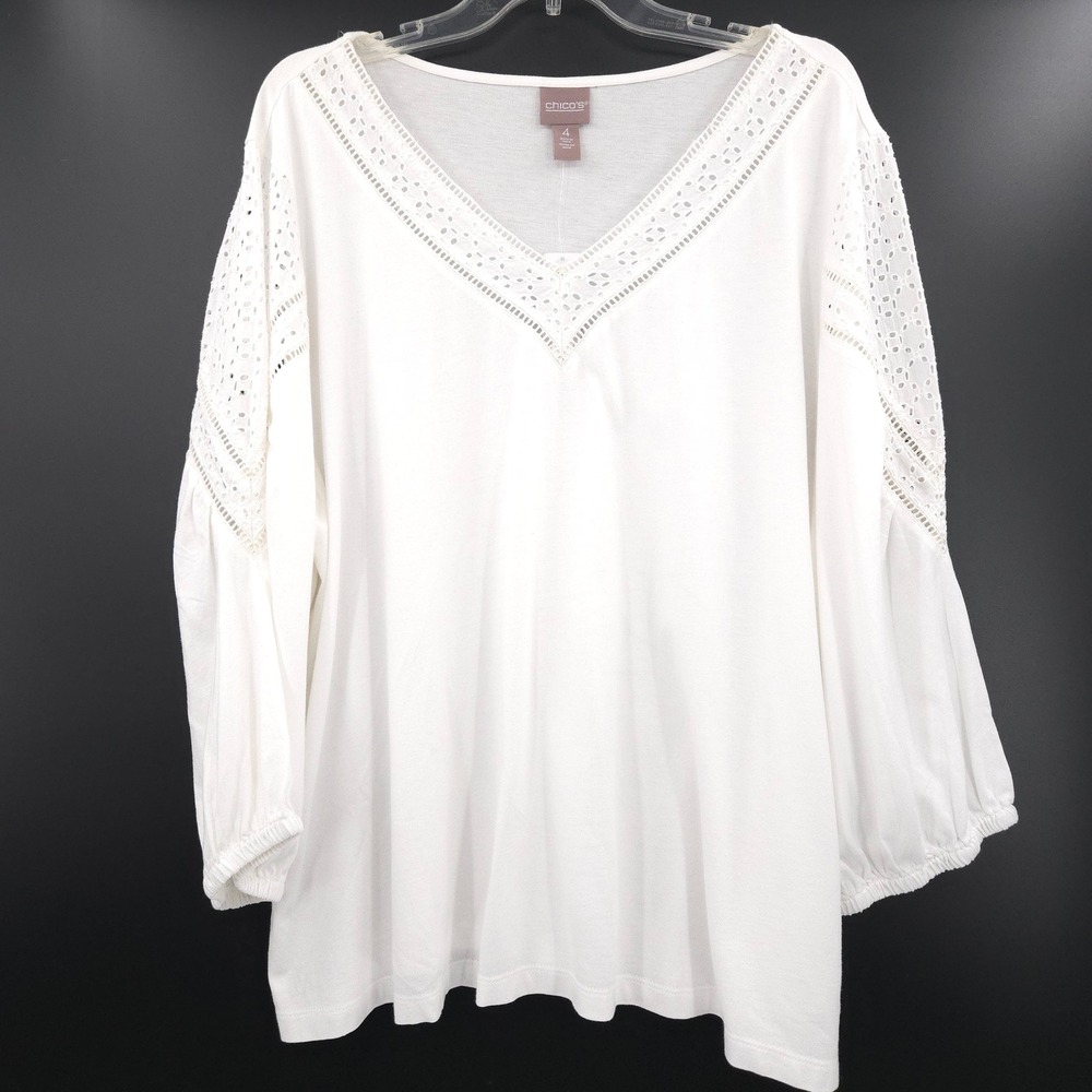 Chico's NWT Eyelet Top Women Size XXL Alabaster White 3/4 Sleeve V-Neck Top